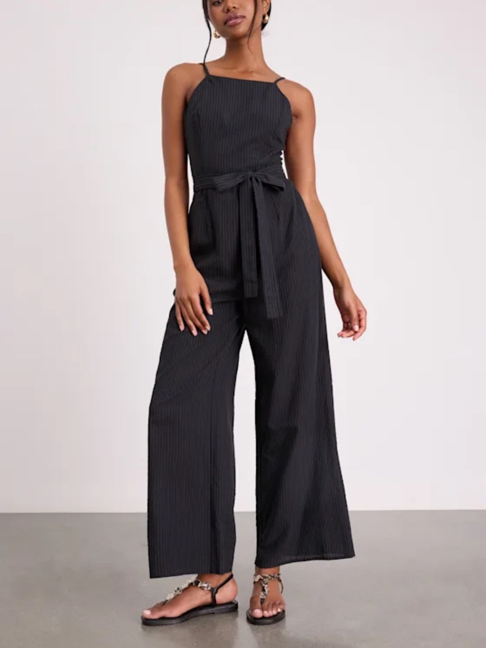 Lulu's Black Pinstripe Wide-Leg Tie-Waist Jumpsuit